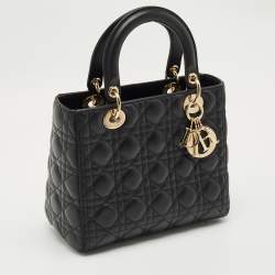 Pre Owned Dior Black Cannage Leather Medium Lady Dior Tote