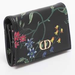 Pre Owned Dior Black Leather Petites Fleurs Embroidered Caro Glycine Wallet