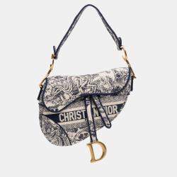 Pre Owned Dior Navy Blue Canvas Embroidered Toile de Jouy Saddle Bag
