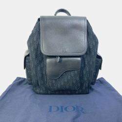 Pre Owned Christian Dior Dior Saddle Oblique Backpack Navy Canvas And Leather.