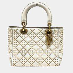 Pre Owned Christian Dior Cannage Tote Bag  Lady Dior  Handbag  Leather  White