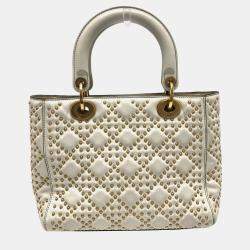 Pre Owned Christian Dior Cannage Tote Bag  Lady Dior  Handbag  Leather  White