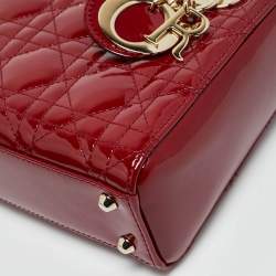 Pre Owned Dior Red Cannage Patent Leather Mini Lady Dior Tote
