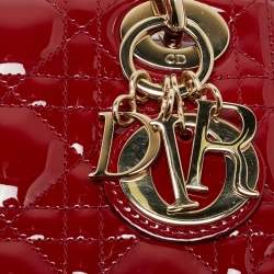 Pre Owned Dior Red Cannage Patent Leather Mini Lady Dior Tote