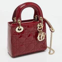 Pre Owned Dior Red Cannage Patent Leather Mini Lady Dior Tote