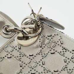 Pre Owned Dior Grey Cannage Satin Mini Crystal Lady Dior Tote