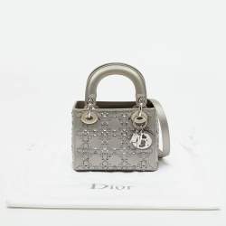 Pre Owned Dior Grey Cannage Satin Mini Crystal Lady Dior Tote