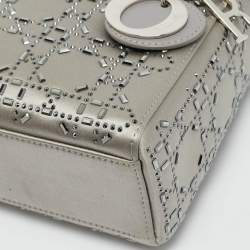 Pre Owned Dior Grey Cannage Satin Mini Crystal Lady Dior Tote