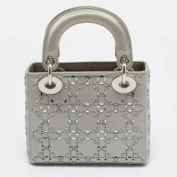 Pre Owned Dior Grey Cannage Satin Mini Crystal Lady Dior Tote