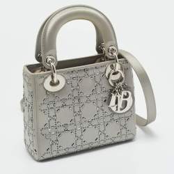 Pre Owned Dior Grey Cannage Satin Mini Crystal Lady Dior Tote