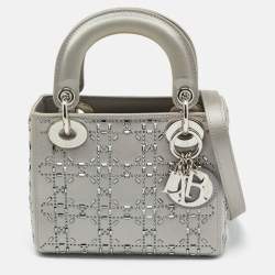 Pre Owned Dior Grey Cannage Satin Mini Crystal Lady Dior Tote