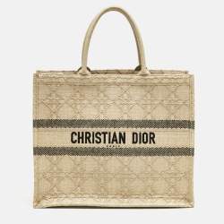 Pre Owned Dior Cream Embroidered Raffia Large Book Tote