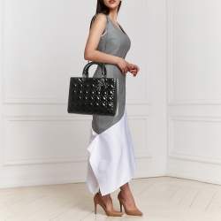 Pre Owned Dior Charcoal Black Cannage Patent Leather Large Lady Dior Tote