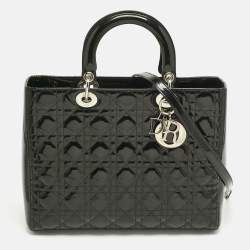 Pre Owned Dior Charcoal Black Cannage Patent Leather Large Lady Dior Tote