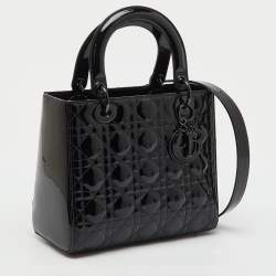 Pre Owned Dior Black Cannage Patent Leather Medium Lady Dior Tote