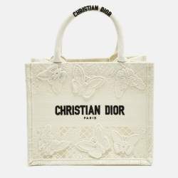 Pre Owned Dior White D-Lace Embroidered Canvas Small Book Tote