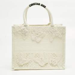 Pre Owned Dior White D-Lace Embroidered Canvas Small Book Tote