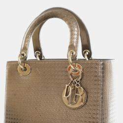 Pre Owned Dior Gold Medium Metallic Patent Microcannage Lady Dior