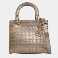 Pre Owned Dior Gold Medium Metallic Patent Microcannage Lady Dior