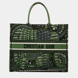 Pre Owned Dior Green Large Canvas Embroidered Elephant Book Tote
