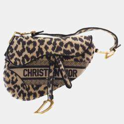 Pre Owned Dior Beige Brown Mizza Embroidered Canvas Leopard Saddle Bag