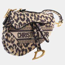 Pre Owned Dior Beige Brown Mizza Embroidered Canvas Leopard Saddle Bag