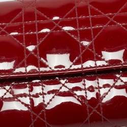 Pre Owned Dior Red Cannage Patent Leather Lady Dior Wallet On Chain