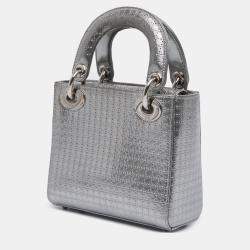 Pre Owned Dior Silver Mini Metallic Patent Microcannage Lady Dior