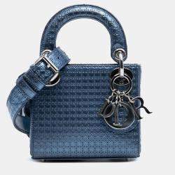 Pre Owned Dior Blue Mini Metallic Patent Microcannage Lady Dior