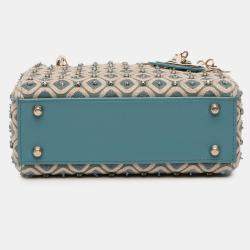 Pre Owned Dior Beige/See Green Mini Canvas Honeycomb Embroidery Crystal Lady Dior