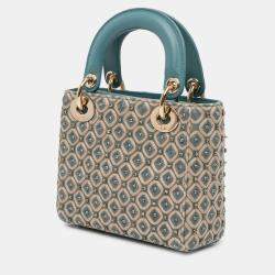 Pre Owned Dior Beige/See Green Mini Canvas Honeycomb Embroidery Crystal Lady Dior