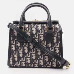 Pre Owned Christian Dior Dior Oblique Tote Bag Canvas And Leather Beige Navy
