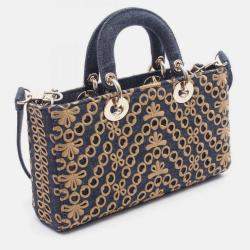 Pre Owned Christian Dior Dior Lady D-Joy Medium Handbag Denim Navy Brown