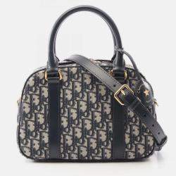 Pre Owned Christian Dior Dior D-Vibe Medium Oblique Bowling Bag Canvas And Leather Ivory Black Blue