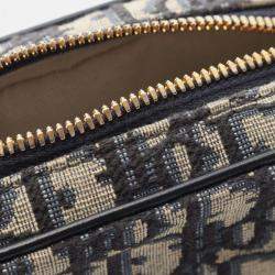Pre Owned Christian Dior Dior D-Vibe Medium Oblique Bowling Bag Canvas And Leather Ivory Black Blue