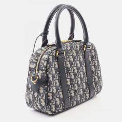 Pre Owned Christian Dior Dior D-Vibe Medium Oblique Bowling Bag Canvas And Leather Ivory Black Blue