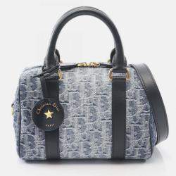 Pre Owned Christian Dior Dior Groove 20 Small Oblique Jacquard Handbag In Denim And Leather Navy Blue