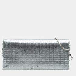 Pre Owned Dior Silver Metallic Patent Microcannage Lady Dior Croisiere Chain Clutch