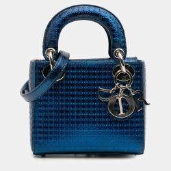 Pre Owned Dior Blue Mini Metallic Patent Microcannage Lady Dior