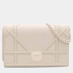 Pre Owned Dior White Small Ultra Matte Studded Calfskin Diorama Wallet on Chain