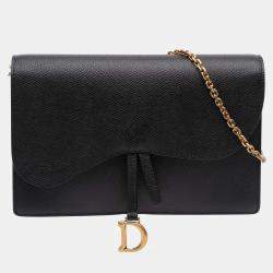 Pre Owned Dior Black Grained Calfskin Saddle Chain Pouch