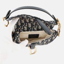 Pre Owned Dior Oblique Saddle Handbag Navy Canvas Leather Size Mini