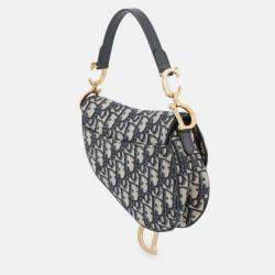 Pre Owned Dior Oblique Saddle Handbag Navy Canvas Leather Size Mini