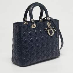 Pre Owned Dior Navy Blue Cannage Leather Large Lady Dior Tote
