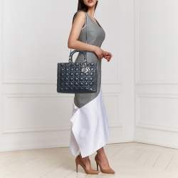 Pre Owned Dior Navy Blue Cannage Leather Large Lady Dior Tote