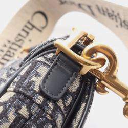 Pre Owned Christian Dior Dior Saddle Mini Oblique Handbag In Canvas And Leather Beige Blue Or Black