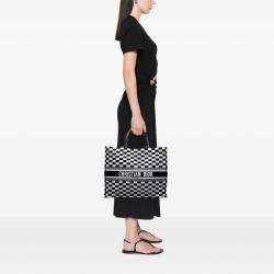 Pre Owned Dior Black White Large Embroidered Canvas Checkered Book Tote