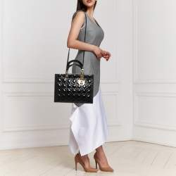 Pre Owned Dior Black Cannage Patent Leather Large Lady Dior Tote