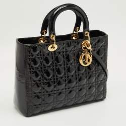 Pre Owned Dior Black Cannage Patent Leather Large Lady Dior Tote