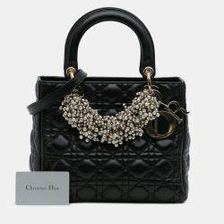 Pre Owned Dior Black Medium Lambskin Cannage Pearl Lady Dior